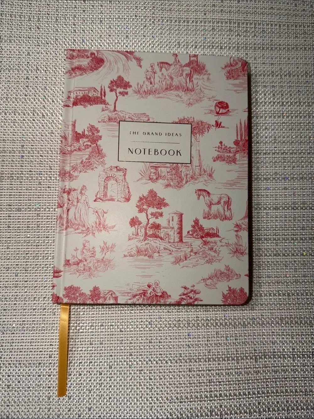 White Red Toile Print Ivory lined pages hard cover journal with a book mark